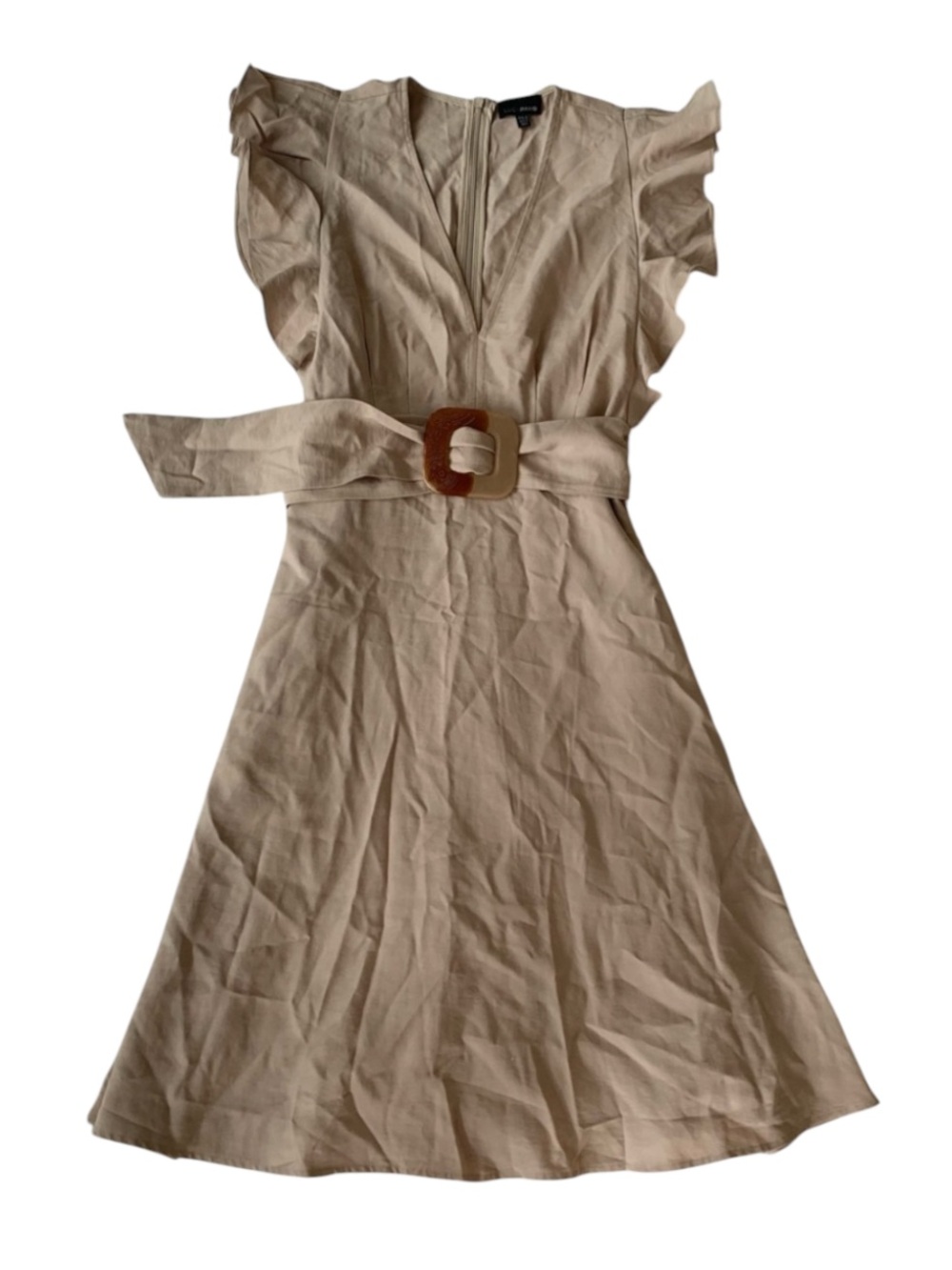 Lucy Paris Oatmeal Colour Ruffle Short Sleeve V-Neck Dress with Belt Size S